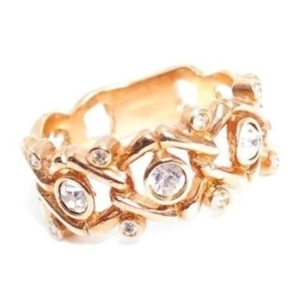 Vintage old stock wide gold plated ornate clear rhinestone ring‎ ESPO